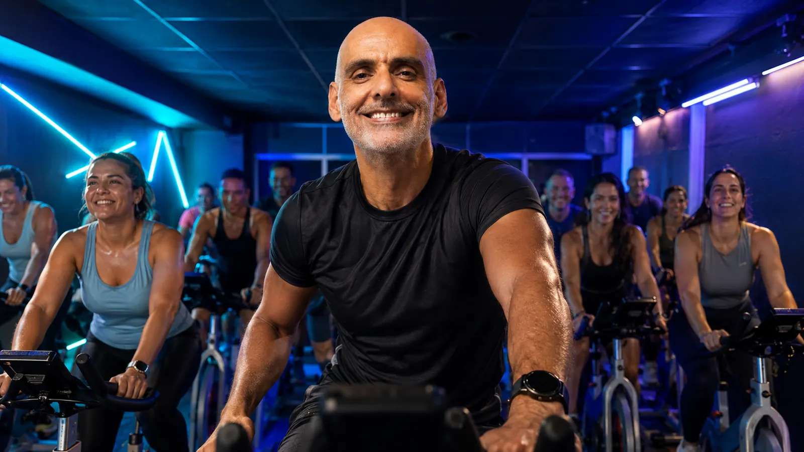 Victor Guilherme liderando uma aula de spinning em estúdio moderno com alunos pedalando ao fundo.