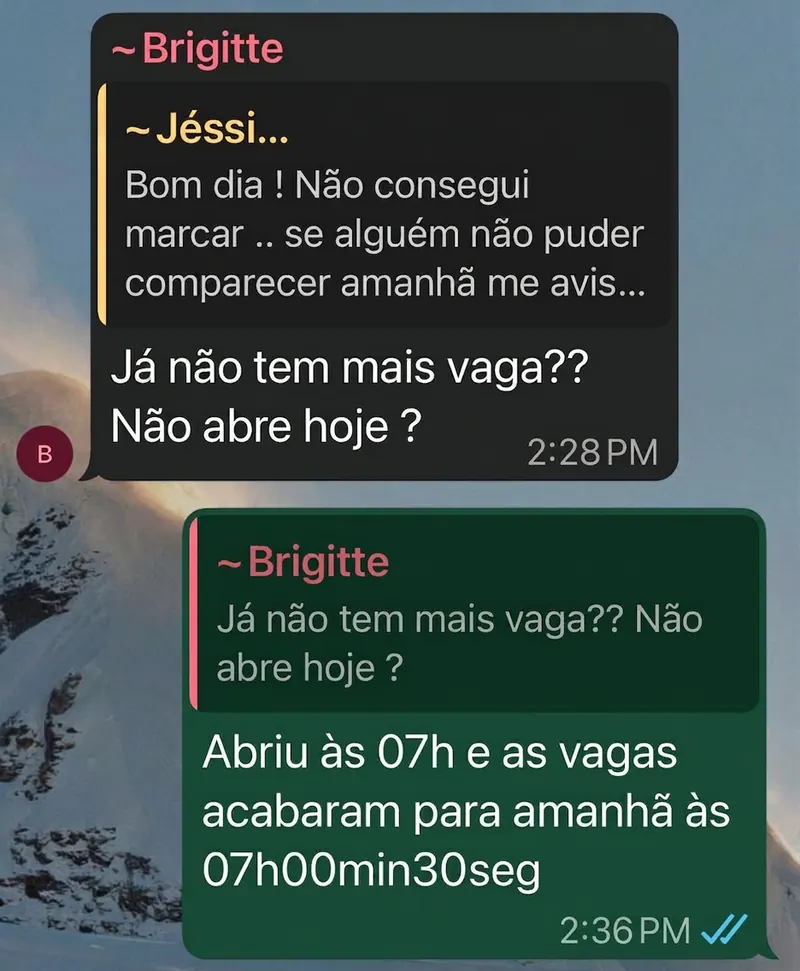 Print real de WhatsApp da aluna Brigitte mostrando vagas esgotando em 30 segundos.