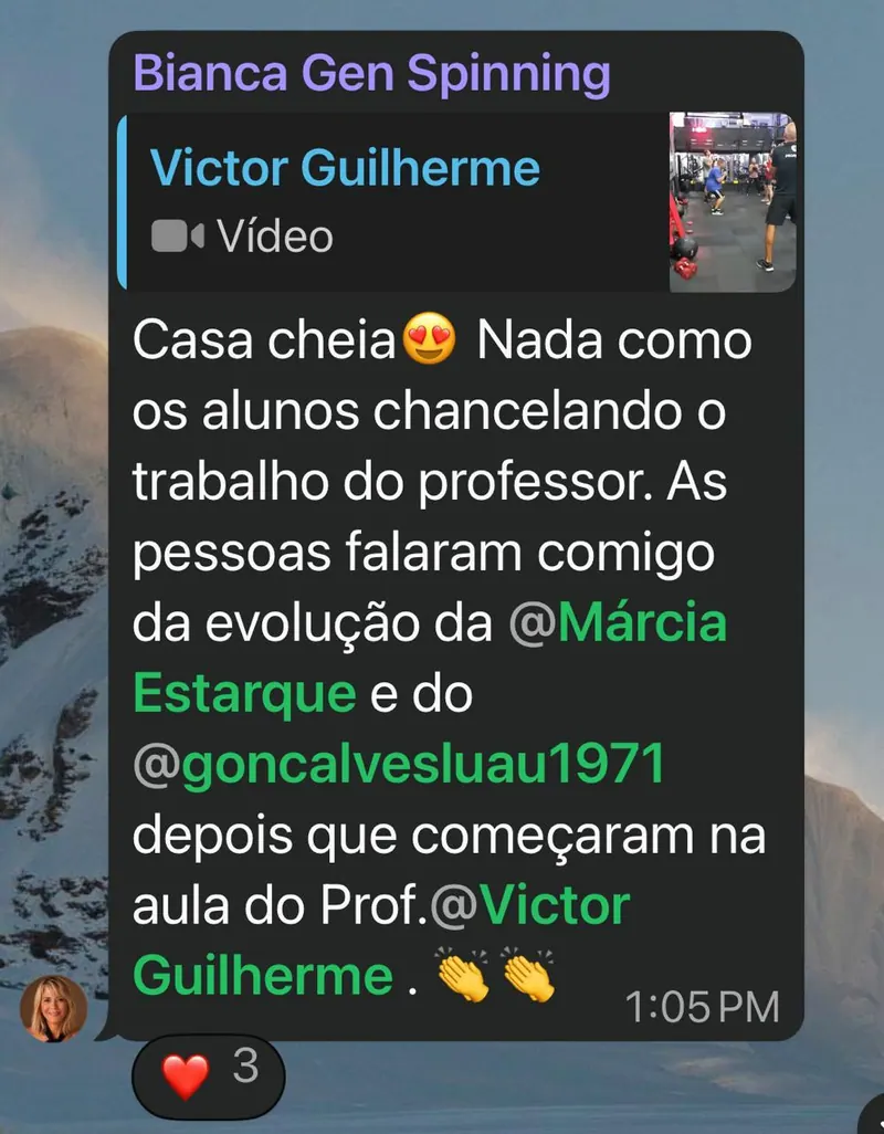 Print real de WhatsApp de Bianca Gen relatando casa cheia e evolução dos alunos.