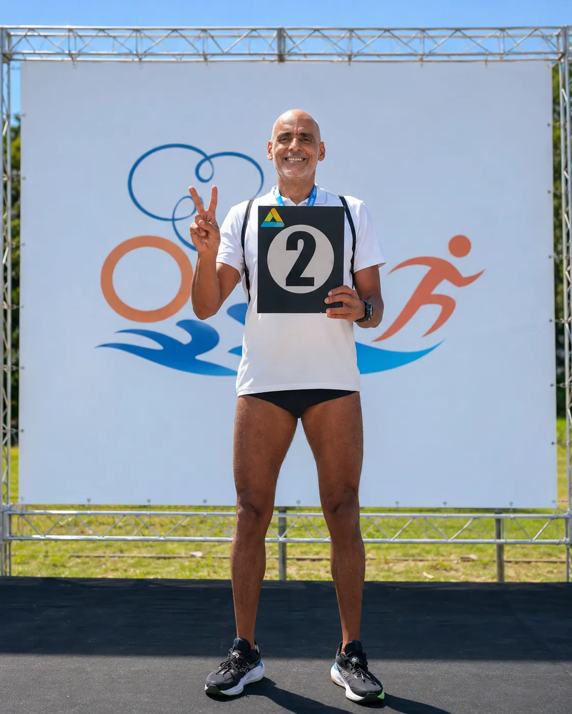 Victor Guilherme em competição segurando o número dois, simbolizando vivência real de performance e disciplina.
