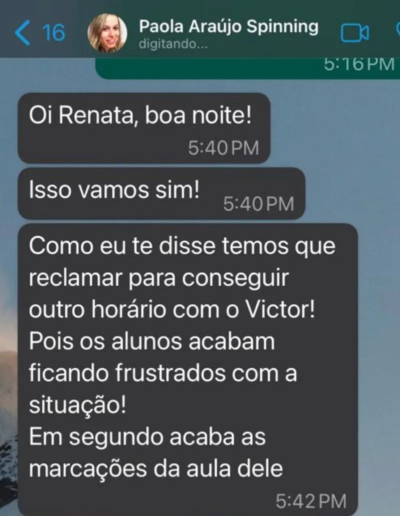 Print real de WhatsApp de Paola Araújo pedindo novo horário com Victor.