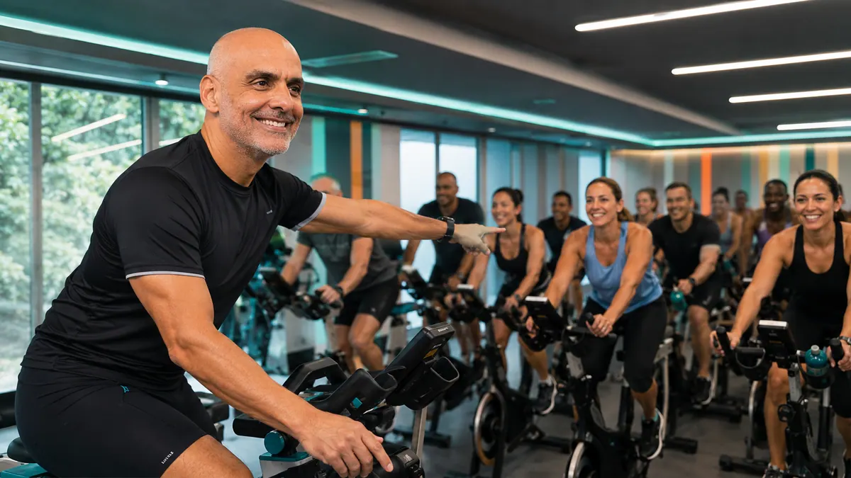 Victor Guilherme sorrindo e conduzindo uma turma de spinning em um estúdio moderno, com alunos ao fundo.